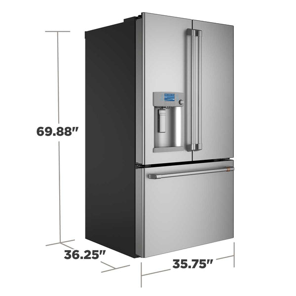 Cafe Standard-Depth Hot Water Dispenser 27.8-cu ft 3 -Door Smart Compatible French Door Refrigerator with Ice Maker with Water and Ice Dispenser ( Stainless Steel with Brushed Stainless Handles ) ENERGY STAR Certified