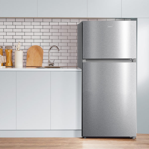 Midea Fingerprint Resistant 14.2-cu ft Counter-Depth Top-Freezer Refrigerator ( Stainless Steel ) Garage Ready ENERGY STAR Certified