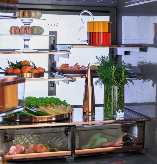 Cafe Standard-Depth 28.7-cu ft 4 -Door Smart Compatible French Door Refrigerator with Ice Maker with Water Dispenser ( Platinum Glass ) ENERGY STAR Certified