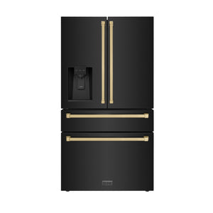 ZLINE KITCHEN & BATH Counter-Depth Autograph Edition 21.6-cu ft 4 -Door French Door Refrigerator with Ice Maker with Water Dispenser ( Fingerprint Resistant Black Stainless Steel with Champagne Bronze accent Handles ) ENERGY STAR Certified