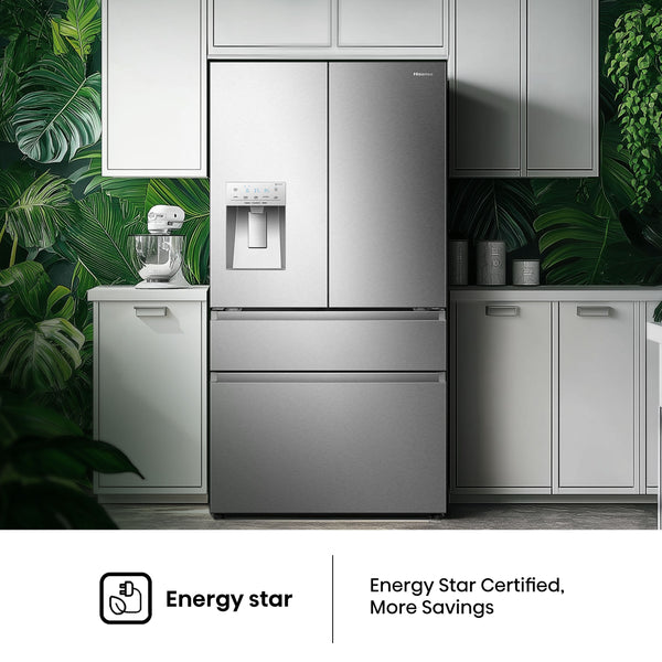 Hisense PureFlat Standard-Depth 25.6-cu ft 4 -Door Smart Compatible French Door Refrigerator with Ice Maker with Water and Ice Dispenser ( Stainless steel ) ENERGY STAR Certified