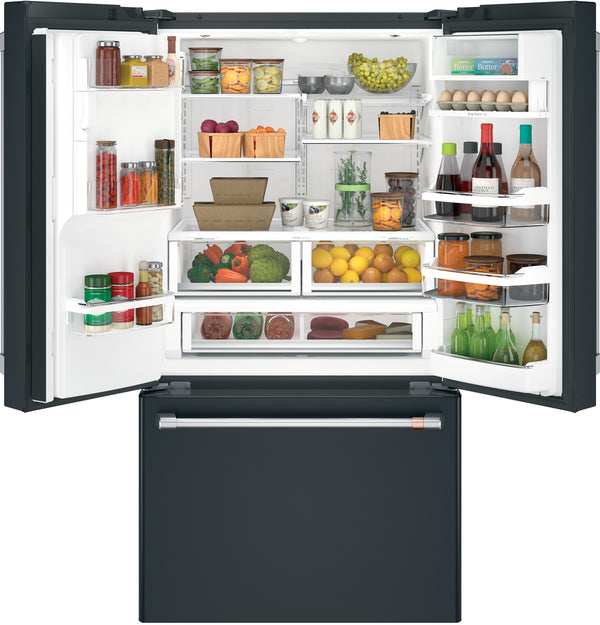 Cafe Standard-Depth 27.8-cu ft 3 -Door Smart Compatible French Door Refrigerator with Ice Maker with Water and Ice Dispenser ( Matte Black with Brushed Stainless Handles ) ENERGY STAR Certified