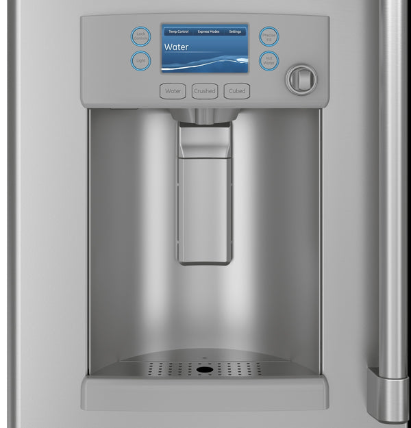 Cafe Standard-Depth Hot Water Dispenser 27.8-cu ft 3 -Door Smart Compatible French Door Refrigerator with Ice Maker with Water and Ice Dispenser ( Stainless Steel with Brushed Stainless Handles ) ENERGY STAR Certified