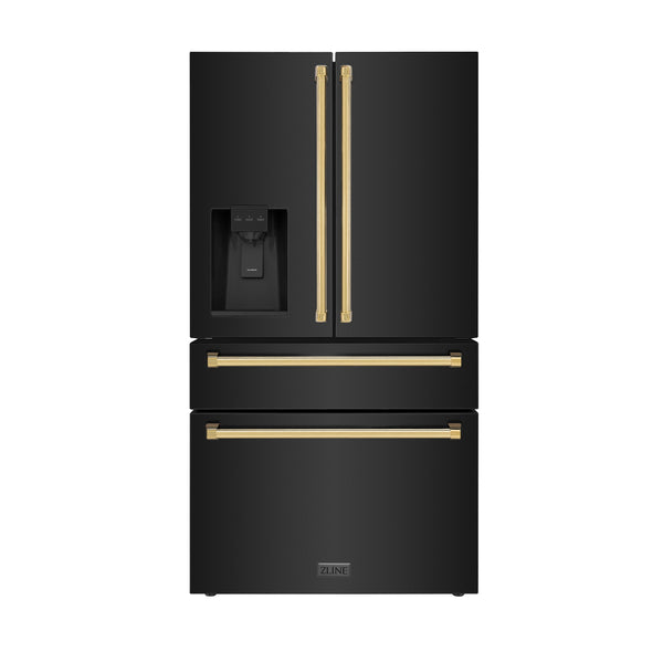 ZLINE KITCHEN & BATH Counter-Depth Autograph Edition 21.6-cu ft 4 -Door French Door Refrigerator with Ice Maker with Water Dispenser ( Fingerprint Resistant Black Stainless Steel with Polished Gold accent Handles ) ENERGY STAR Certified