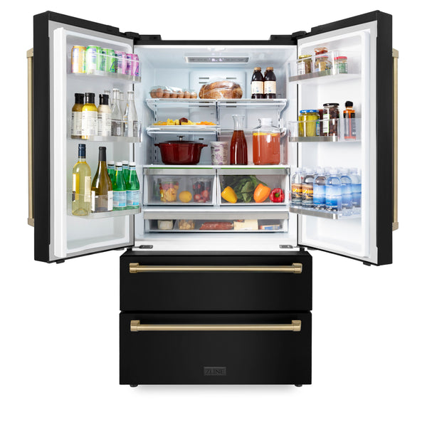 ZLINE KITCHEN & BATH Counter-Depth Autograph Edition 22.5-cu ft 4 -Door French Door Refrigerator with Ice Maker with Ice Dispenser ( Fingerprint Resistant Black Stainless Steel with Champagne Bronze accent Handles ) ENERGY STAR Certified
