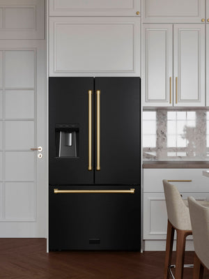 ZLINE KITCHEN & BATH Standard-Depth 28.9-cu ft 3 -Door French Door Refrigerator with Ice Maker with Water and Ice Dispenser ( Black Stainless Steel with Polished Gold Handle ) ENERGY STAR Certified