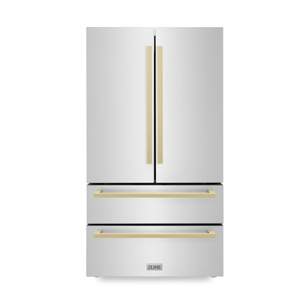 ZLINE KITCHEN & BATH Counter-Depth 22.5-cu ft 4 -Door French Door Refrigerator with Ice Maker ( Stainless Steel with flat Champagne Bronze Accent Handles ) ENERGY STAR Certified