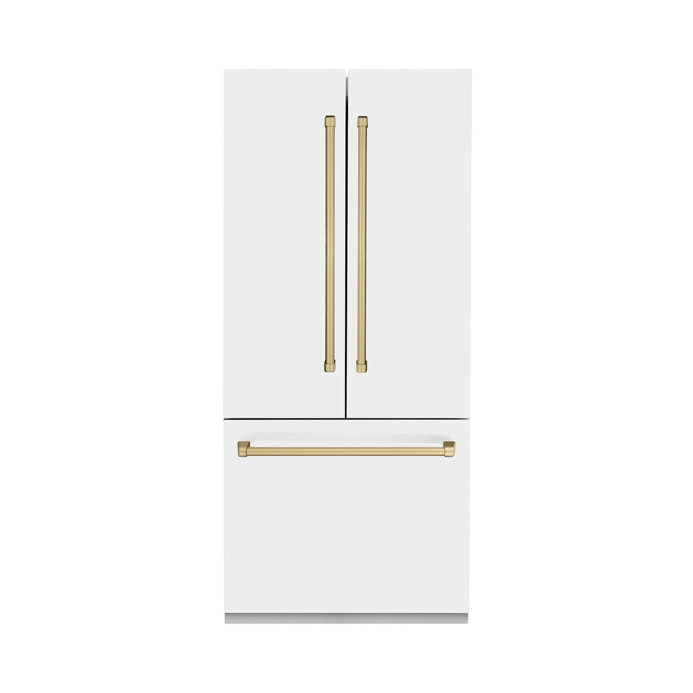 ZLINE KITCHEN & BATH Counter-Depth 19.6-cu ft 3 -Door Built-In French Door Refrigerator with Ice Maker with Water Dispenser ( Stainless Steel with White Matte door and Champagne Bronze Accent handle ) ENERGY STAR Certified