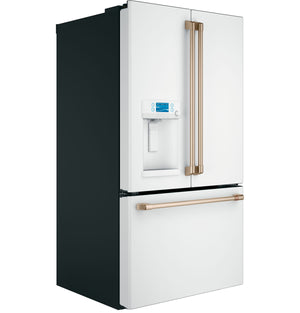 Cafe Standard-Depth 27.8-cu ft 3 -Door Smart Compatible French Door Refrigerator with Ice Maker with Water and Ice Dispenser ( Matte White with Brushed Bronze Handles ) ENERGY STAR Certified