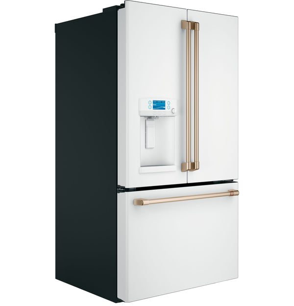 Cafe Standard-Depth 27.8-cu ft 3 -Door Smart Compatible French Door Refrigerator with Ice Maker with Water and Ice Dispenser ( Matte White with Brushed Bronze Handles ) ENERGY STAR Certified