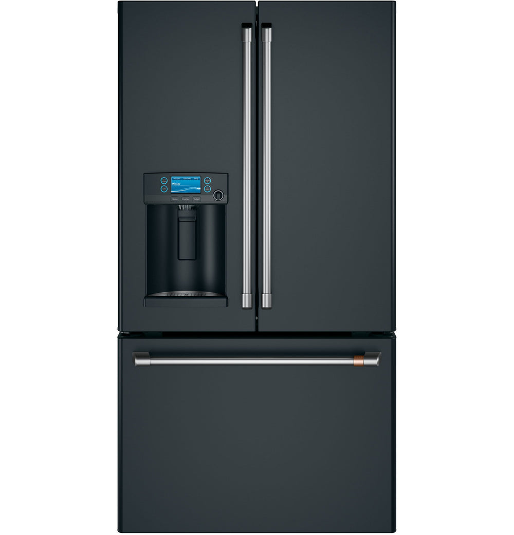 Cafe Standard-Depth 27.8-cu ft 3 -Door Smart Compatible French Door Refrigerator with Ice Maker with Water and Ice Dispenser ( Matte Black with Brushed Stainless Handles ) ENERGY STAR Certified