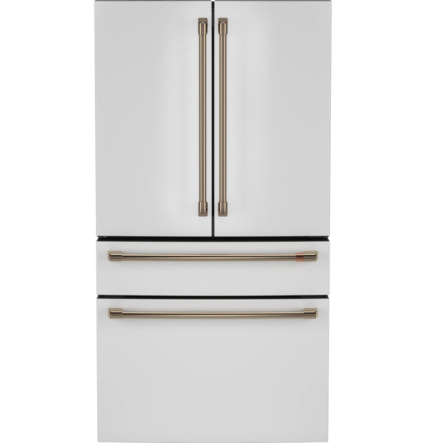 Cafe Standard-Depth Matte White with Brushed Bronze Handles 28.7-cu ft 4 -Door Smart Compatible French Door Refrigerator with Ice Maker with Water Dispenser ( Matte White ) ENERGY STAR Certified