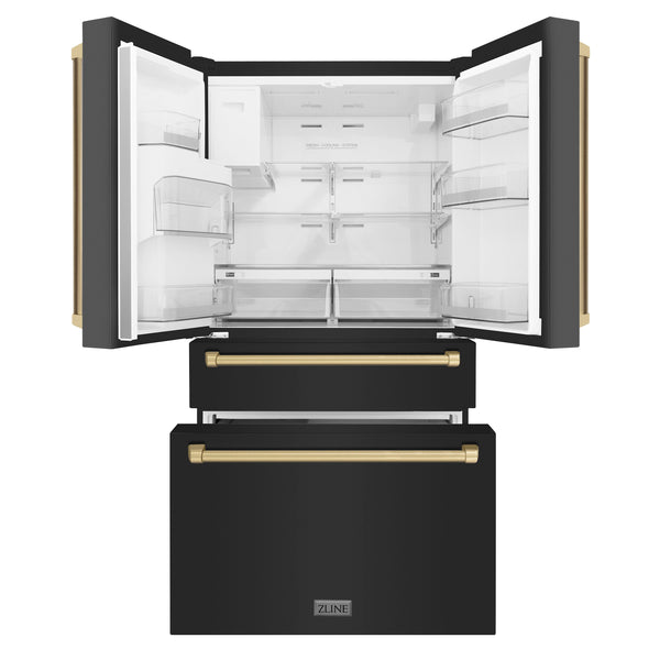 ZLINE KITCHEN & BATH Counter-Depth Autograph Edition 21.6-cu ft 4 -Door French Door Refrigerator with Ice Maker with Water Dispenser ( Fingerprint Resistant Black Stainless Steel with Champagne Bronze accent Handles ) ENERGY STAR Certified