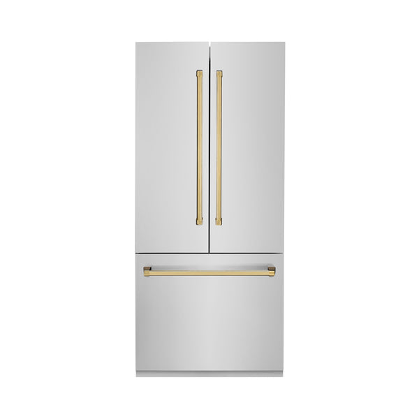 ZLINE KITCHEN & BATH Counter-Depth Autograph Edition 19.6-cu ft 3 -Door Built-In French Door Refrigerator with Ice Maker with Water Dispenser ( Stainless Steel with Polished Gold Handles ) ENERGY STAR Certified