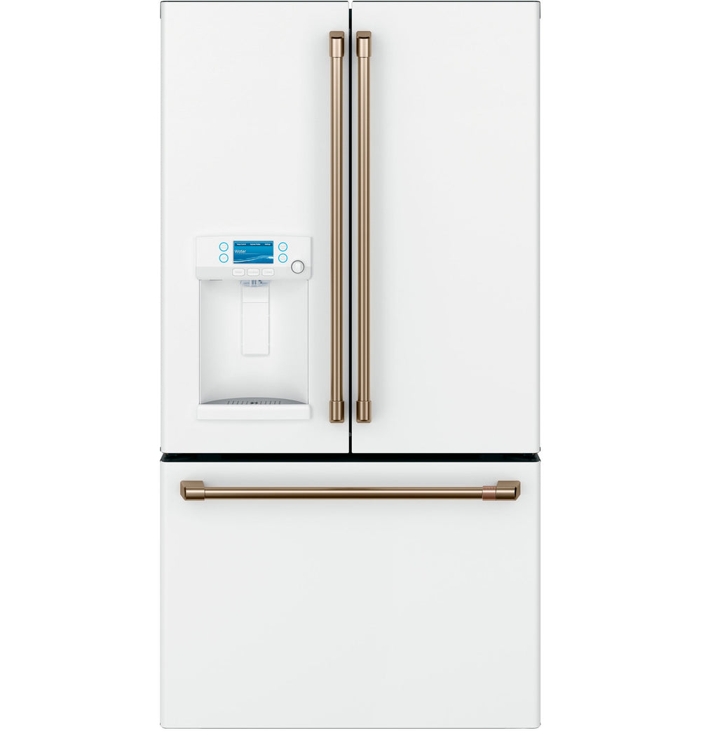 Cafe Standard-Depth 27.8-cu ft 3 -Door Smart Compatible French Door Refrigerator with Ice Maker with Water and Ice Dispenser ( Matte White with Brushed Bronze Handles ) ENERGY STAR Certified
