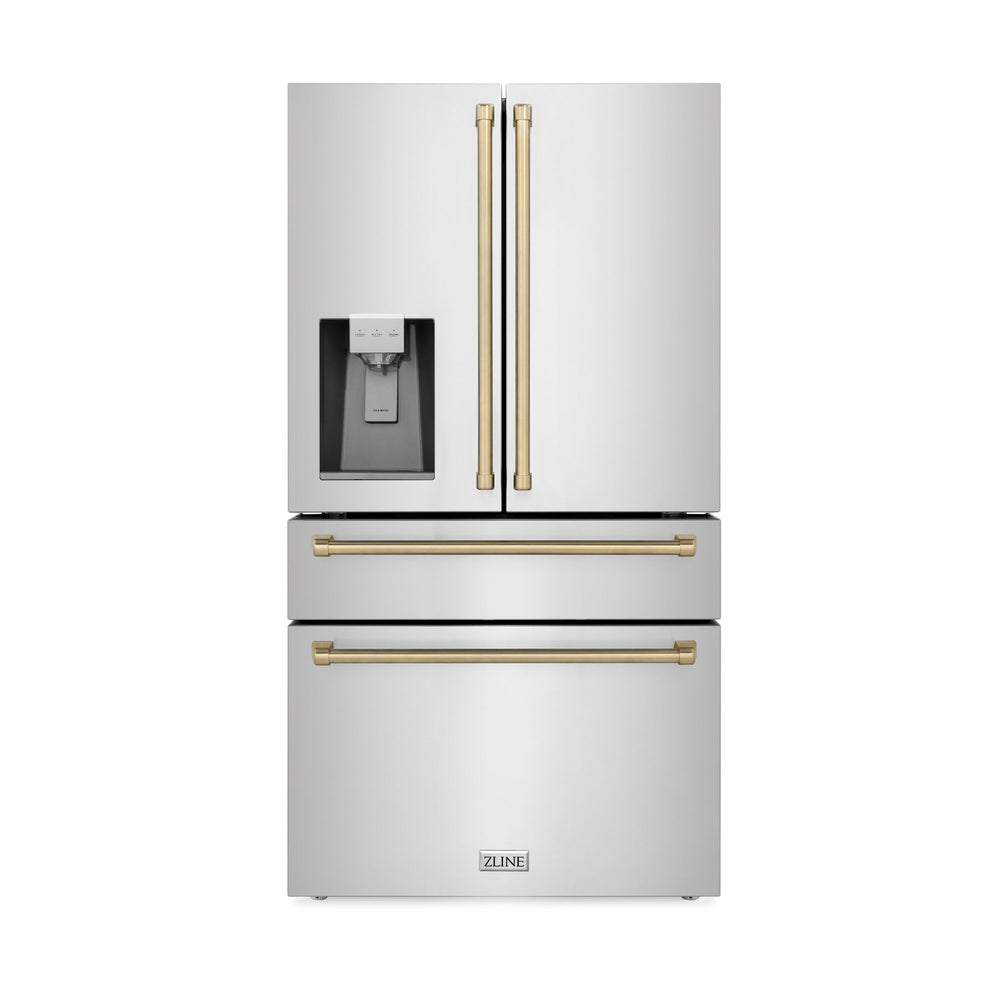 ZLINE KITCHEN & BATH Counter-Depth Autograph Edition 21.6-cu ft 4 -Door French Door Refrigerator with Ice Maker with Water Dispenser ( Fingerprint Resistant Stainless Steel with Champagne Bronze accent Handles ) ENERGY STAR Certified