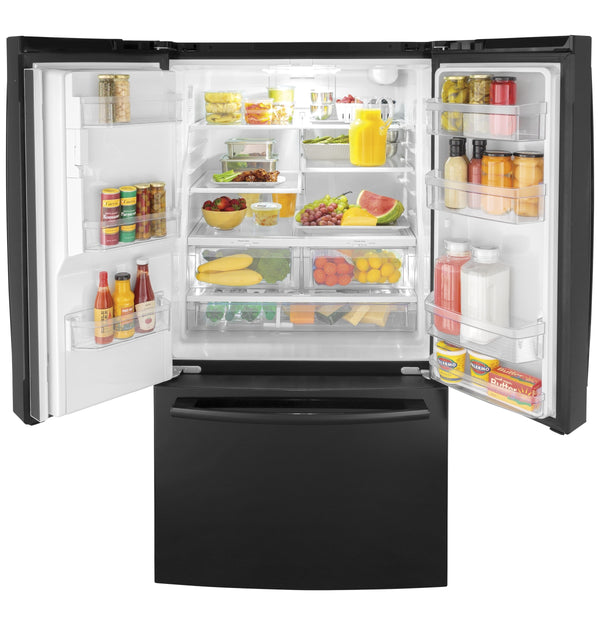 GE Standard-Depth 25.6-cu ft 3 -Door French Door Refrigerator with Ice Maker with Water and Ice Dispenser ( Black ) ENERGY STAR Certified