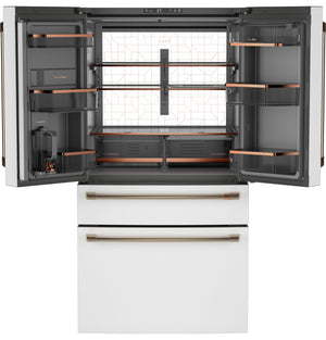 Cafe Standard-Depth Matte White with Brushed Bronze Handles 28.7-cu ft 4 -Door Smart Compatible French Door Refrigerator with Ice Maker with Water Dispenser ( Matte White ) ENERGY STAR Certified