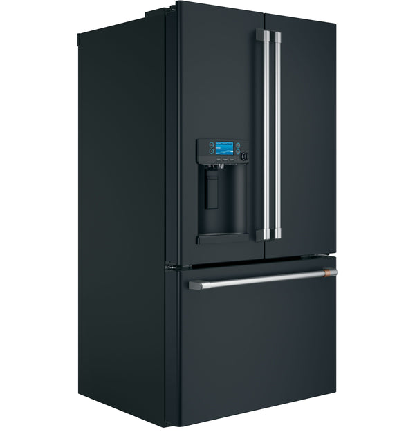 Cafe Standard-Depth 27.8-cu ft 3 -Door Smart Compatible French Door Refrigerator with Ice Maker with Water and Ice Dispenser ( Matte Black with Brushed Stainless Handles ) ENERGY STAR Certified