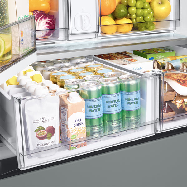 Samsung Bespoke Standard-Depth Family Hub 29.8-cu ft 3 -Door Smart Compatible French Door Refrigerator with Dual Ice Maker with Water Dispenser and Door within Door ( White Glass Top with Matte Grey Glass Bottom Panel ) ENERGY STAR Certified