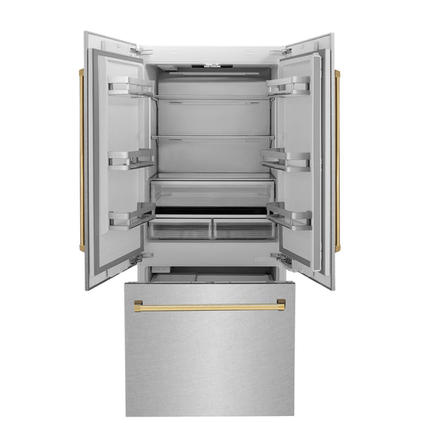 ZLINE KITCHEN & BATH Counter-Depth 19.6-cu ft 3 -Door Built-In French Door Refrigerator with Ice Maker with Water Dispenser ( Satin Stainless Steel, Polished Gold Handle ) ENERGY STAR Certified