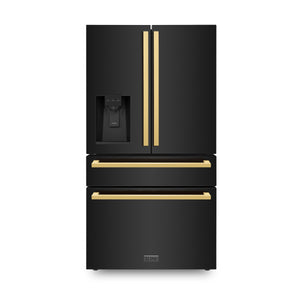 ZLINE KITCHEN & BATH Counter-Depth 21.6-cu ft 4 -Door French Door Refrigerator with Ice Maker with Water and Ice Dispenser ( Black Stainless Steel with Flat Polished Gold Handle ) ENERGY STAR Certified