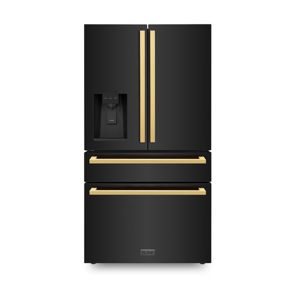ZLINE KITCHEN & BATH Counter-Depth 21.6-cu ft 4 -Door French Door Refrigerator with Ice Maker with Water and Ice Dispenser ( Black Stainless Steel with Flat Polished Gold Handle ) ENERGY STAR Certified