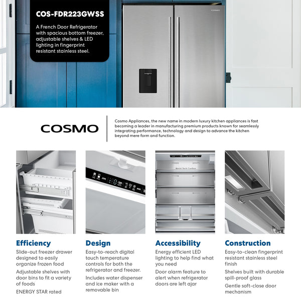 Cosmo Counter-Depth 22.4-cu ft 3 -Door French Door Refrigerator with Ice Maker with Water Dispenser ( Stainless Steel ) ENERGY STAR Certified
