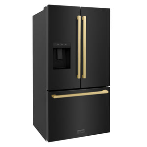 ZLINE KITCHEN & BATH Standard-Depth 28.9-cu ft 3 -Door French Door Refrigerator with Ice Maker with Water and Ice Dispenser ( Black Stainless Steel with Flat Champagne Bronze Handles ) ENERGY STAR Certified