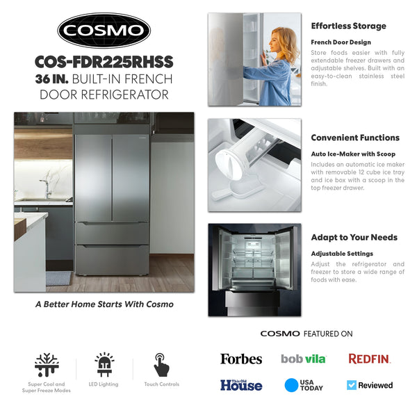 Cosmo Counter-Depth 22.5-cu ft 4 -Door French Door Refrigerator with Ice Maker ( Stainless steel ) ENERGY STAR Certified