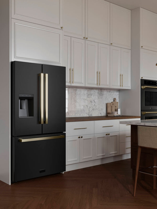 ZLINE KITCHEN & BATH Standard-Depth 28.9-cu ft 3 -Door French Door Refrigerator with Ice Maker with Water and Ice Dispenser ( Black Stainless Steel with Flat Champagne Bronze Handles ) ENERGY STAR Certified