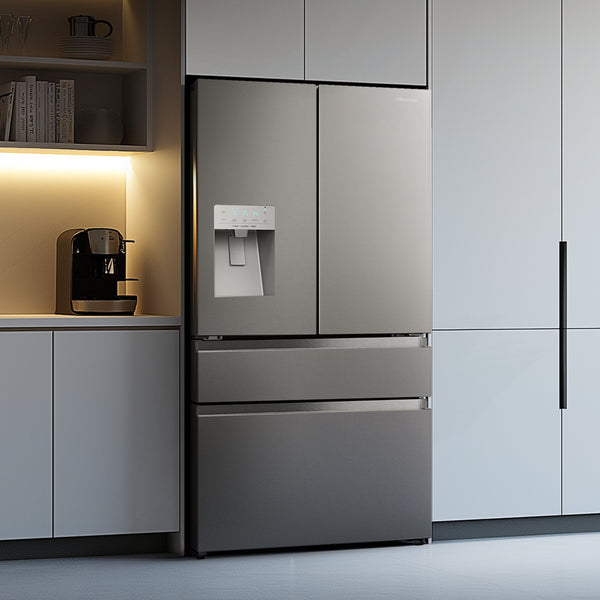 Hisense PureFlat Standard-Depth 25.6-cu ft 4 -Door Smart Compatible French Door Refrigerator with Ice Maker with Water and Ice Dispenser ( Stainless steel ) ENERGY STAR Certified