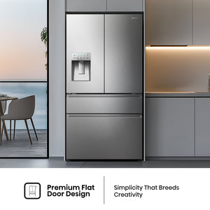 Hisense PureFlat Standard-Depth 25.6-cu ft 4 -Door Smart Compatible French Door Refrigerator with Ice Maker with Water and Ice Dispenser ( Stainless steel ) ENERGY STAR Certified