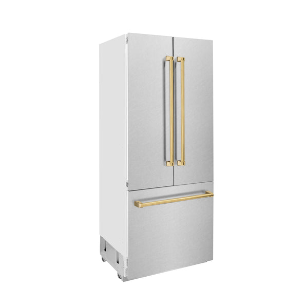 ZLINE KITCHEN & BATH Counter-Depth 19.6-cu ft 3 -Door Built-In French Door Refrigerator with Ice Maker with Water Dispenser ( Satin Stainless Steel, Polished Gold Handle ) ENERGY STAR Certified