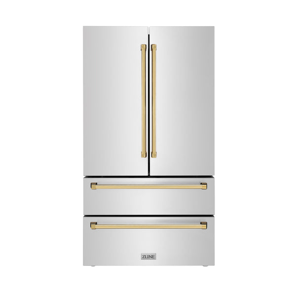 ZLINE KITCHEN & BATH Counter-Depth 22.5-cu ft 4 -Door French Door Refrigerator with Ice Maker with Ice Dispenser ( Stainless Steel w/ Polished Gold accent Handles ) ENERGY STAR Certified