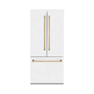 ZLINE KITCHEN & BATH Counter-Depth 19.6-cu ft 3 -Door Built-In French Door Refrigerator with Ice Maker with Water Dispenser ( Stainless Steel with a White Matte door and Polished Gold Handle ) ENERGY STAR Certified